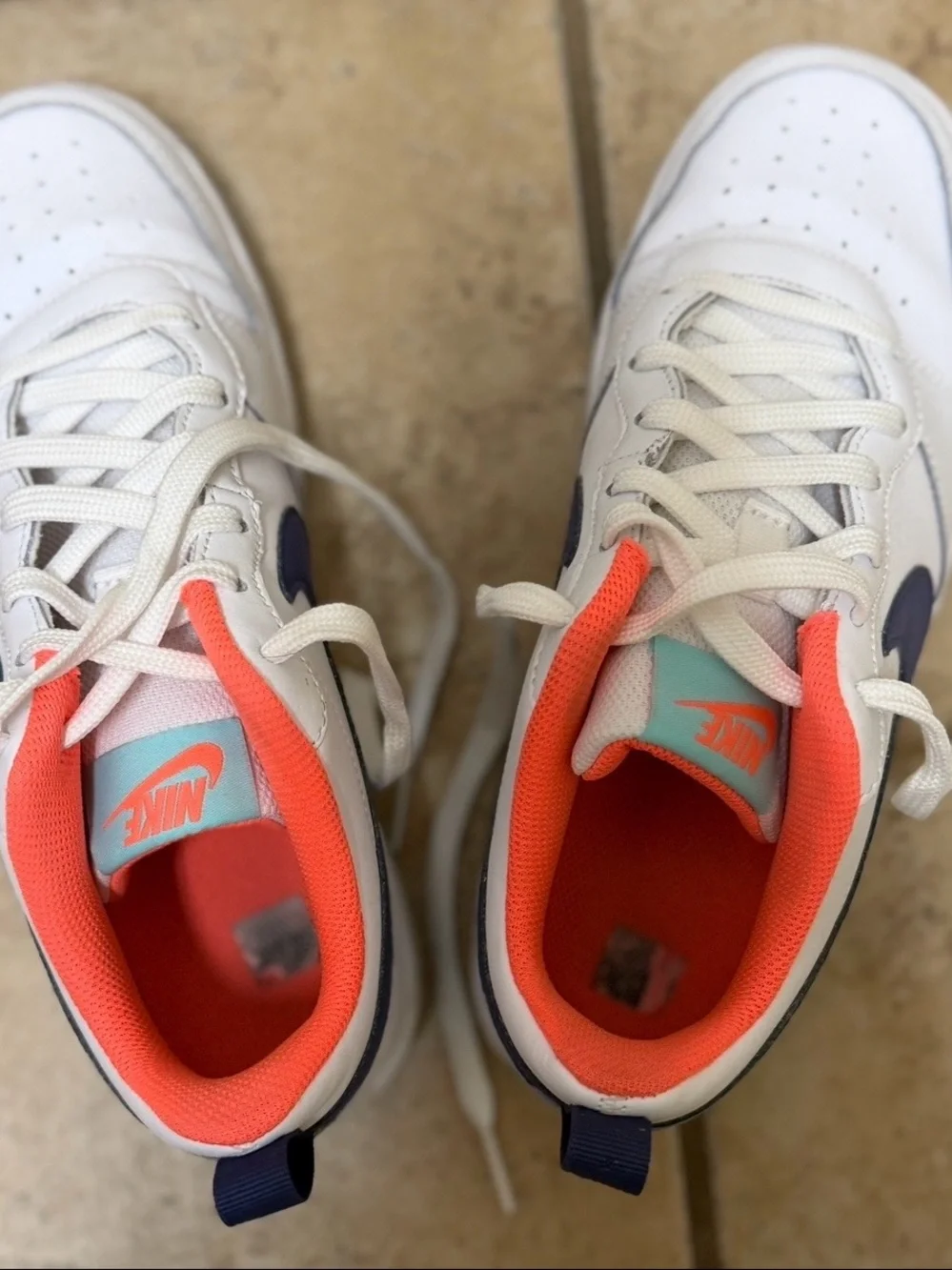 Nike Court Borough Low 2 White Sneakers with Navy Swoosh, Turquoise Coral Lining